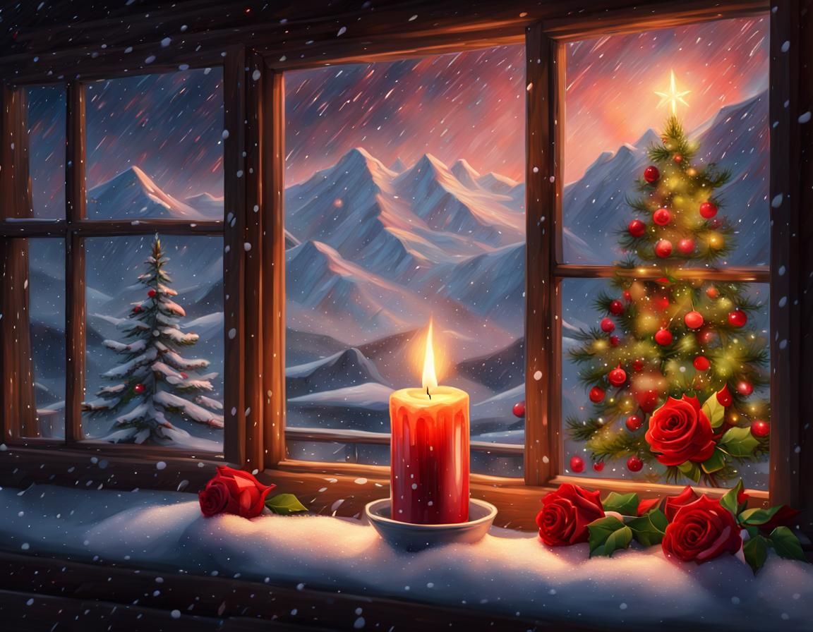 Christmas Candle and Roses in Winter Landscape Oil Painting