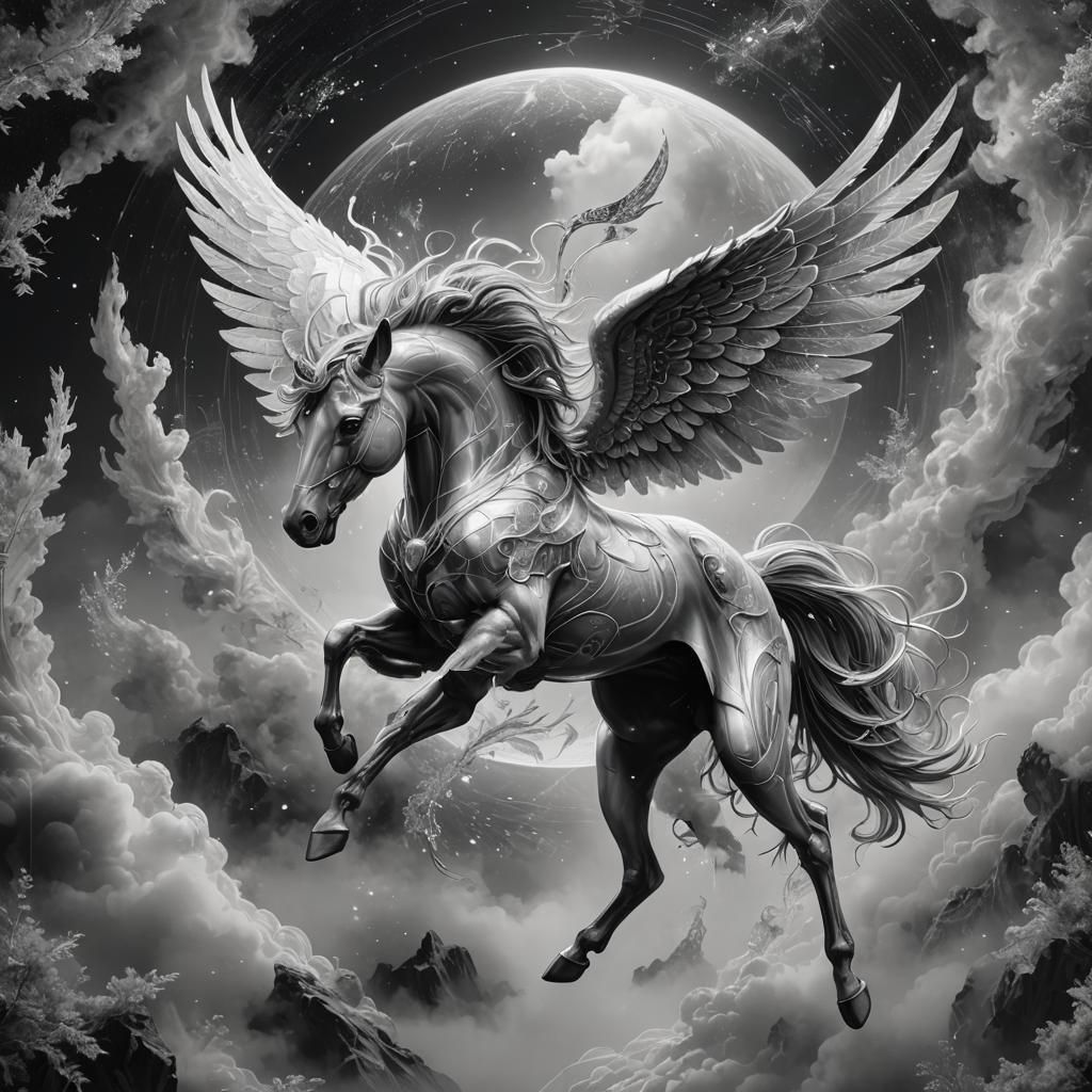 Charcoal painting of a pegasus flying across the moon