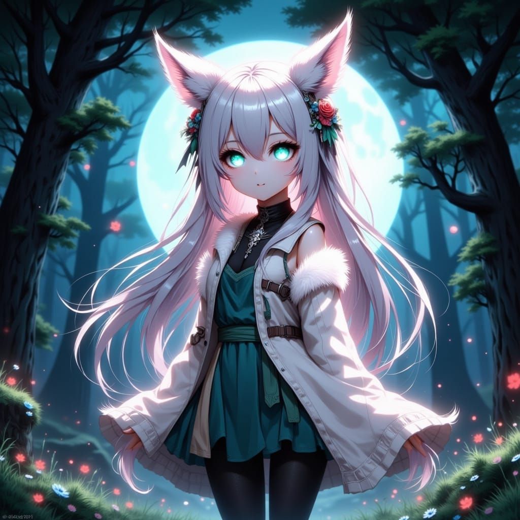 Cute Kitsune Girl in Moonlit Forest