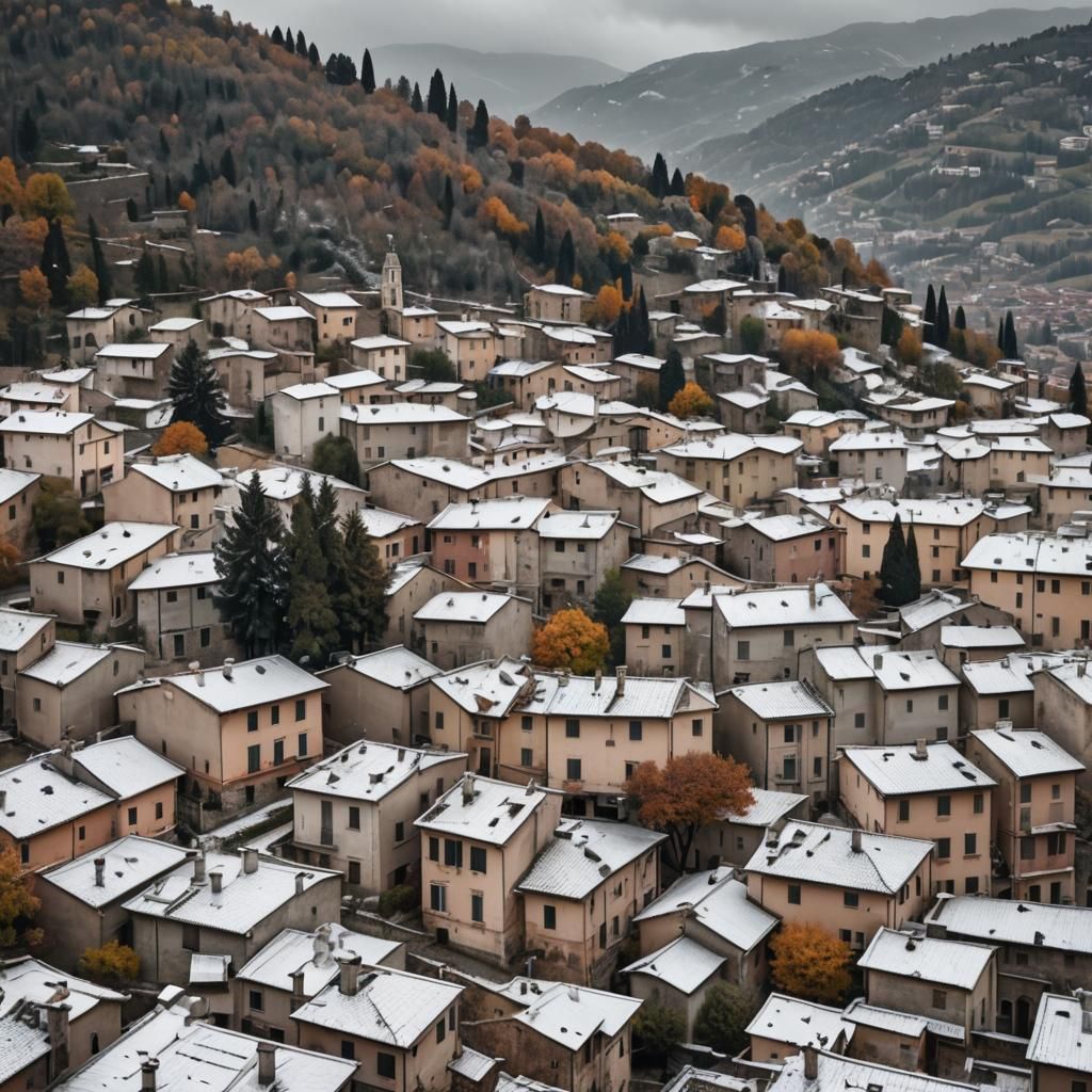 Snowy Italian Village in Autumn Colors