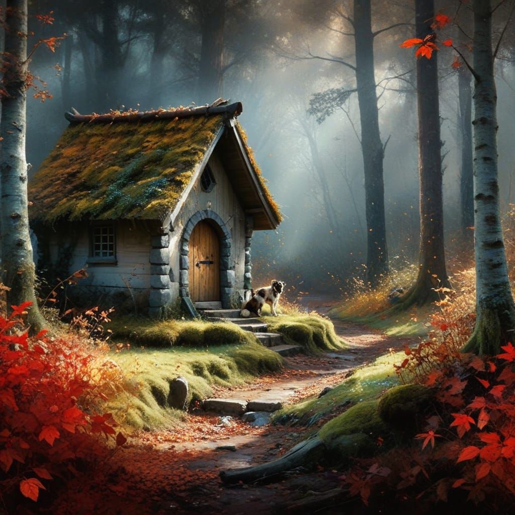 Whimsical Autumn Dog House in a Lush Forest