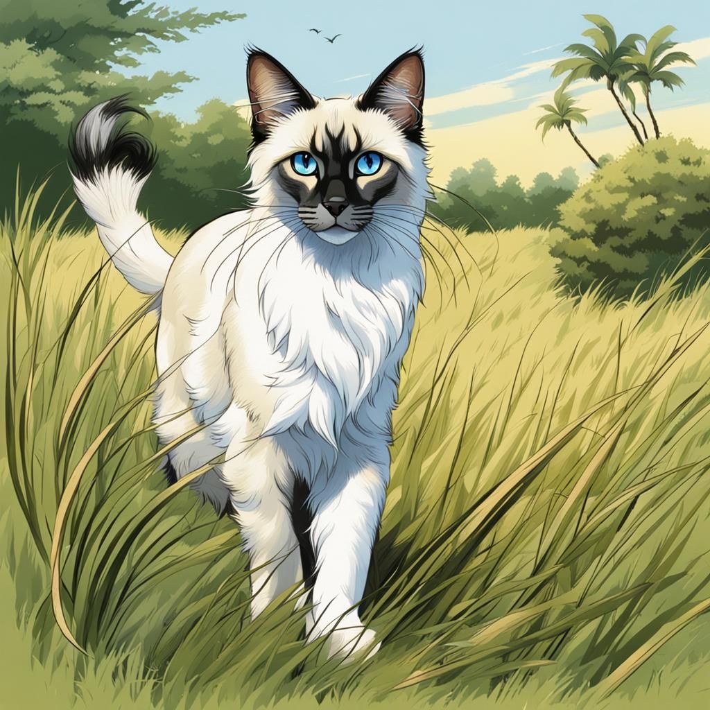 Anime-Style Balinese Cat with Plume Tail