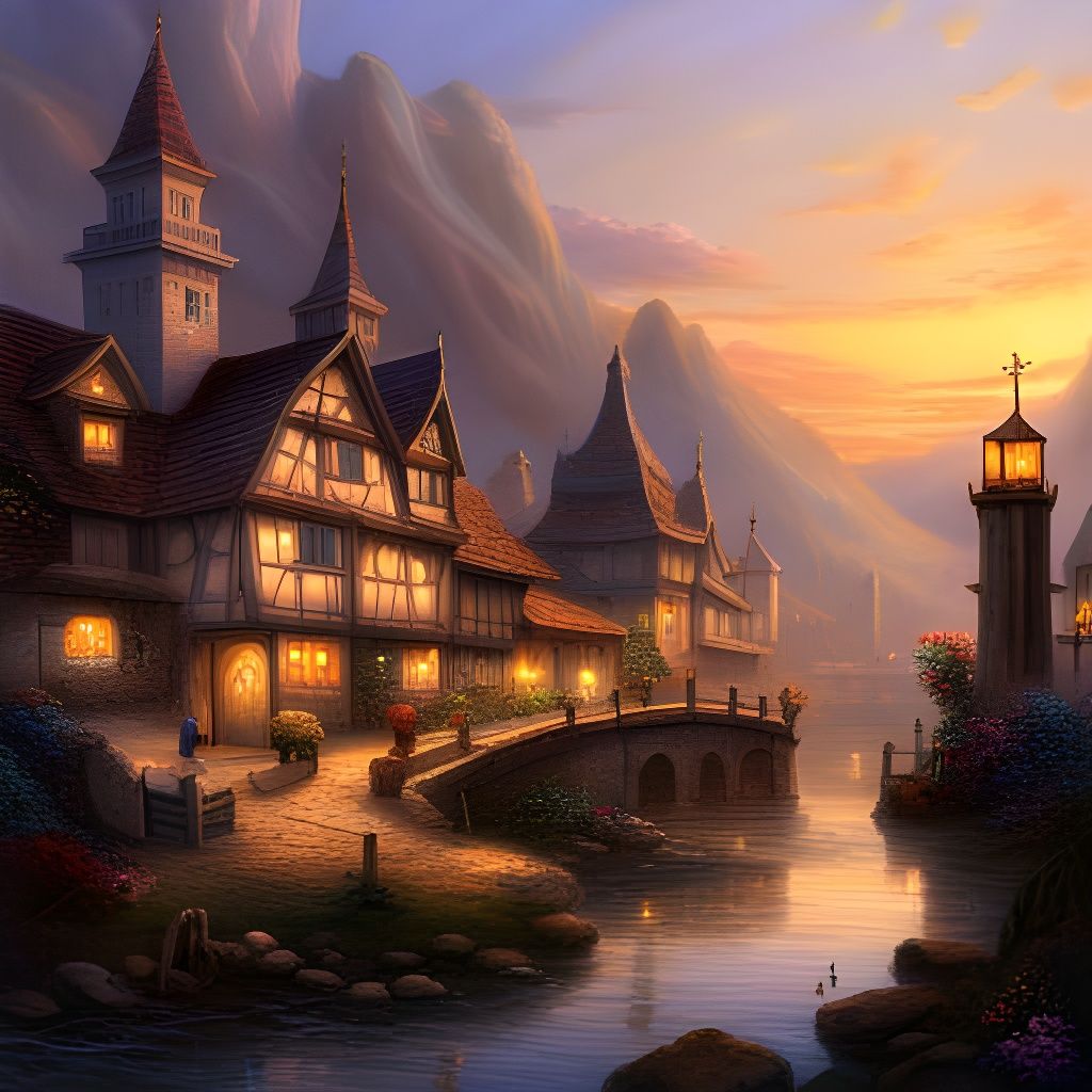 Fantasy Medieval Town at Dusk in Hyperdetailed Style