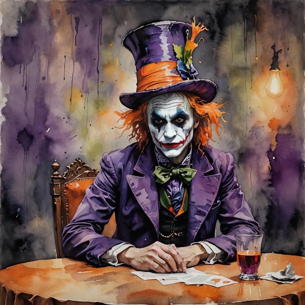 Mad Hatter's Dark Whimsy in Post-impressionist Watercolour