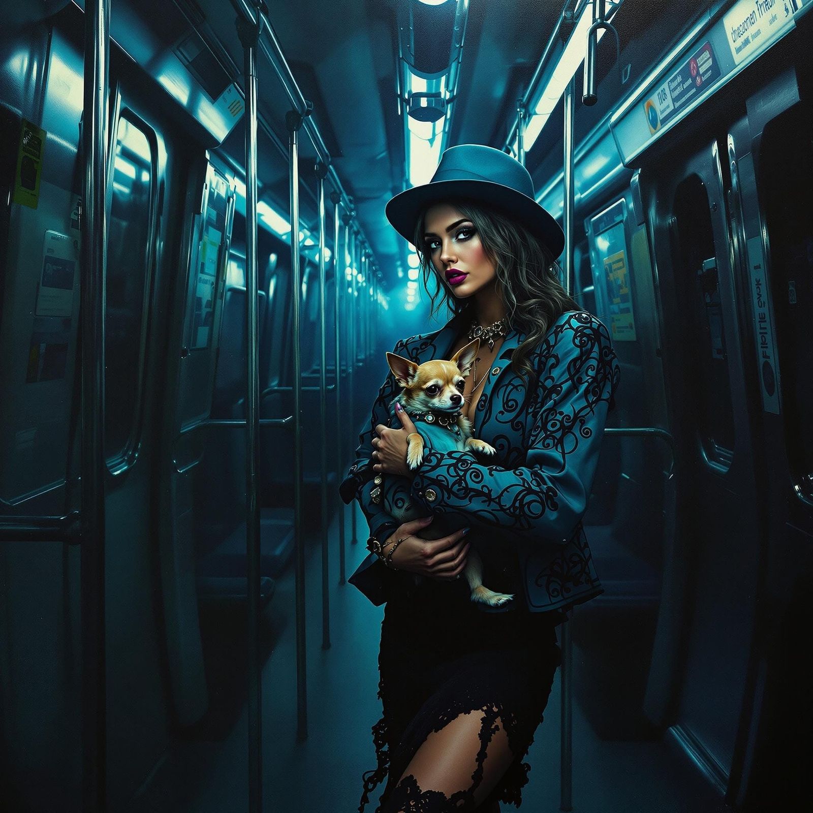 Woman in Midnight Metro Train in Dreamlike State with Dog
