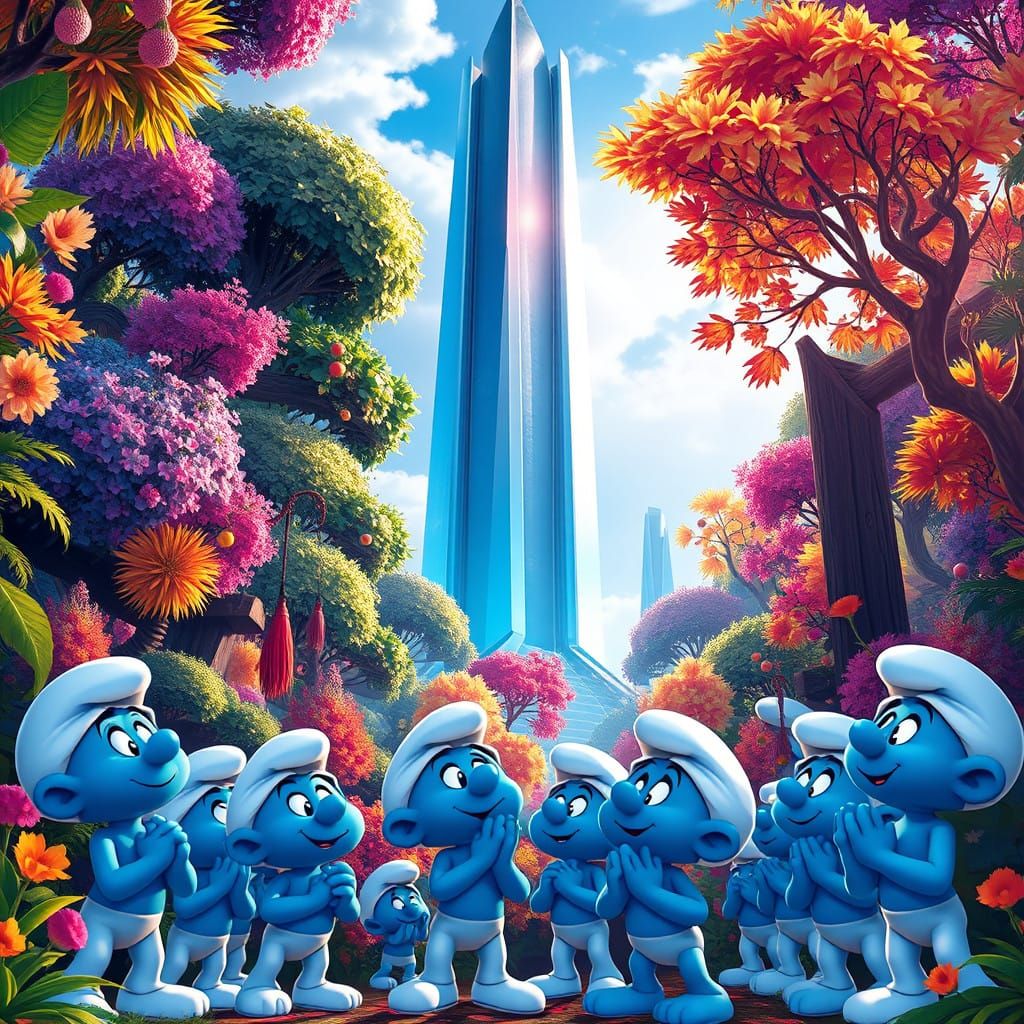 Futuristic Skyscraper Towers Over Whimsical Smurf Village in...