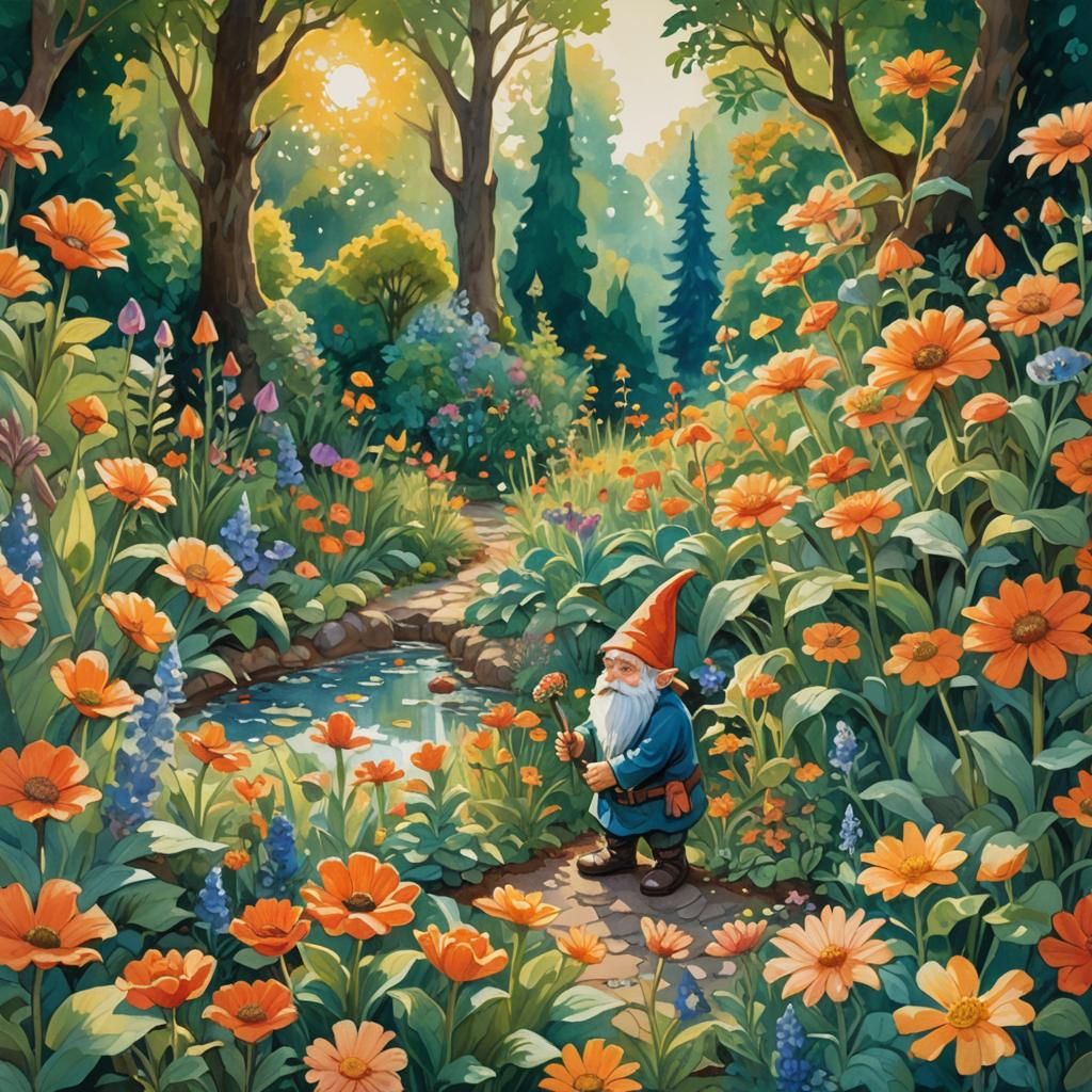 Gnome Tending Garden: Gouache Impressionist Painting