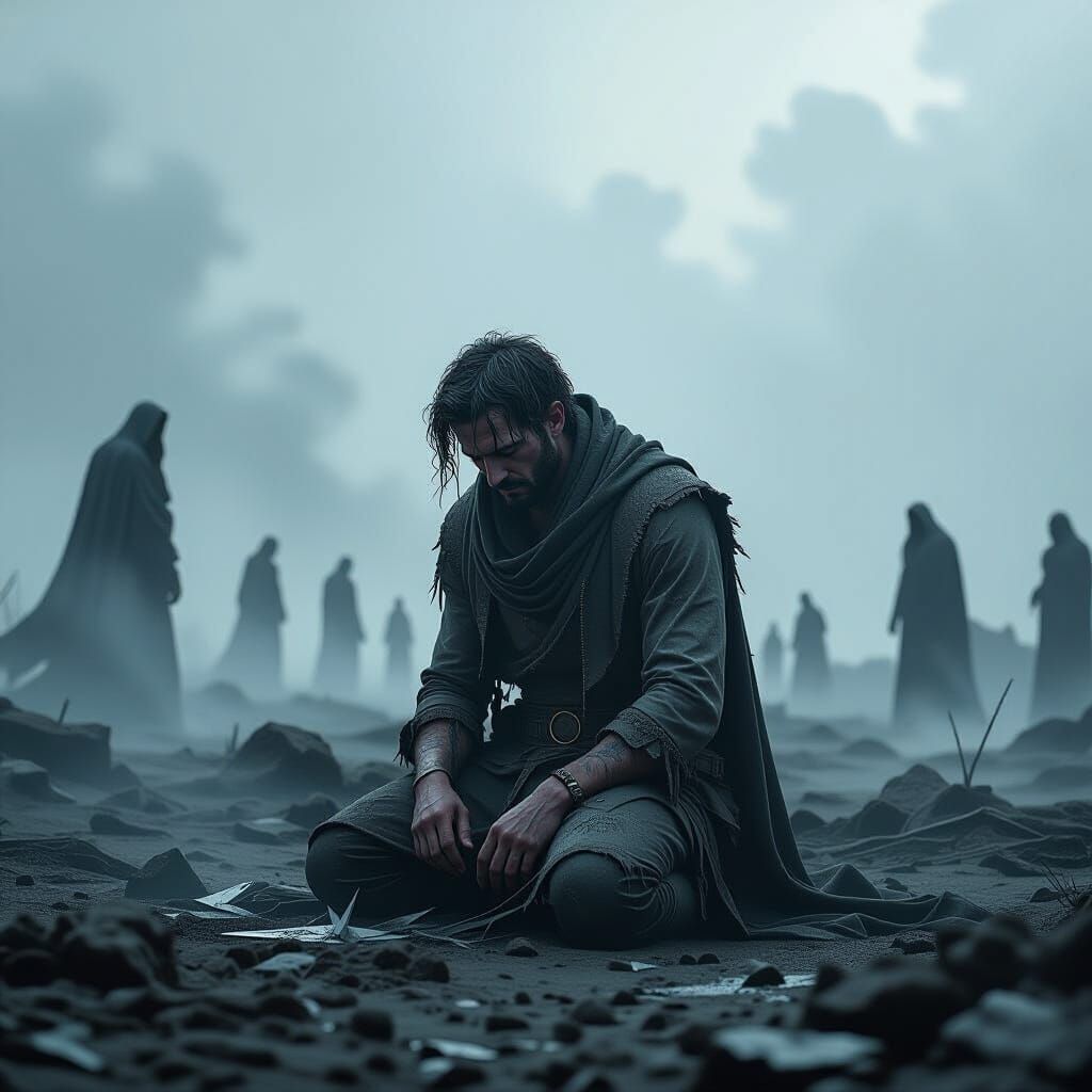 Sorrowful Man on Battlefield with Dramatic Lighting