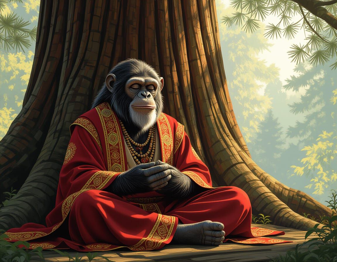 Wise Chimpanzee Sage Meditating on Redwood Tree