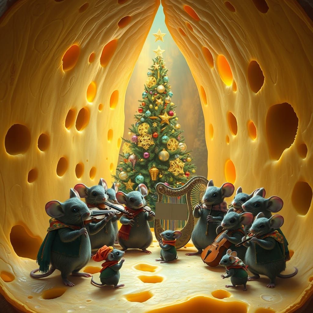 Mice in Whimsical Cheese City Celebrate with Enchanted Orche...
