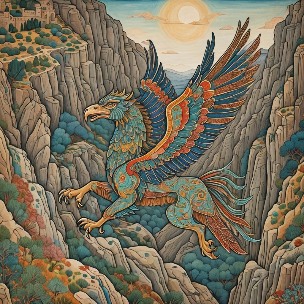 Griffin Flying Above Cliffs in Persian Miniature Style
