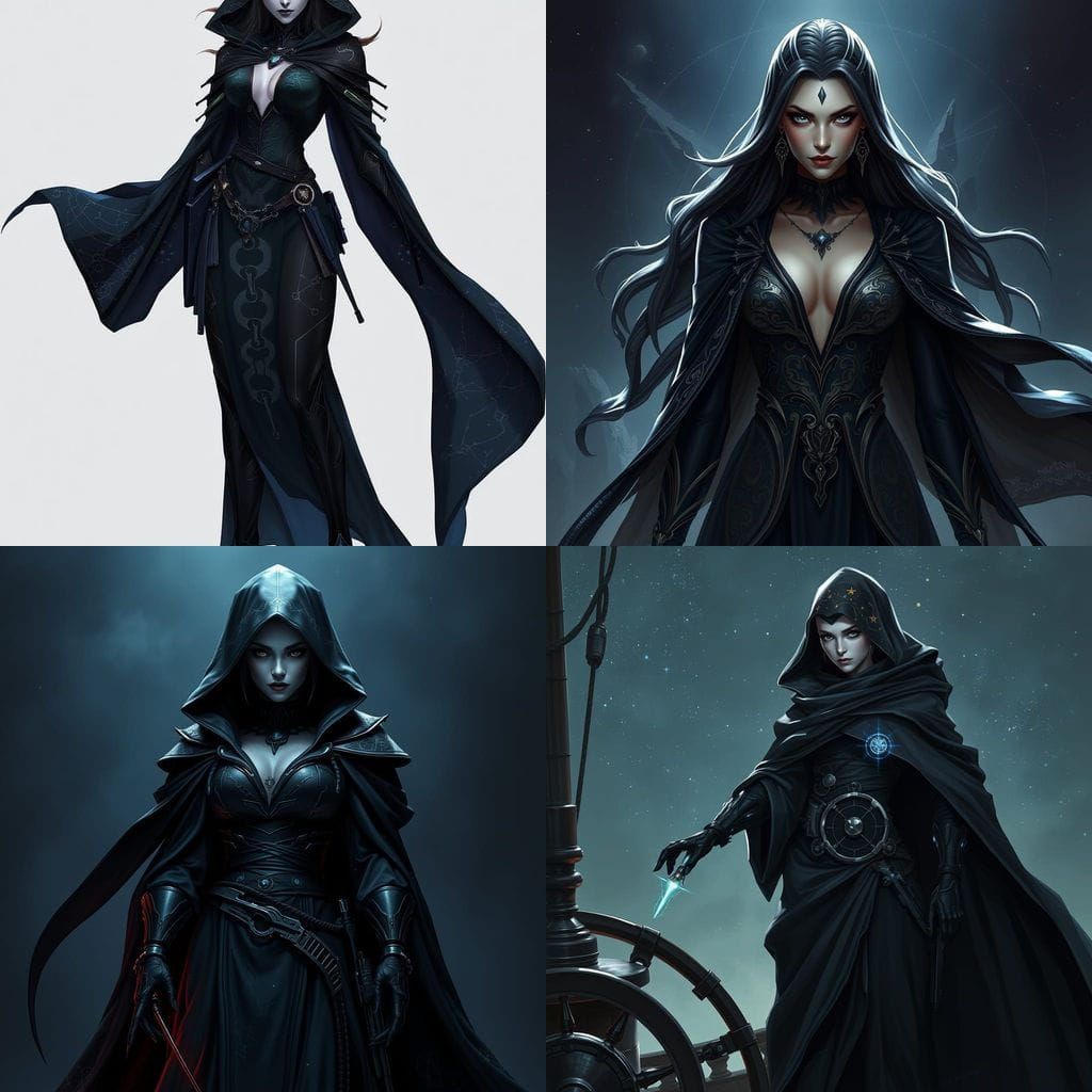 Elegant Mastermind Villain in Dark Cosmic Attire