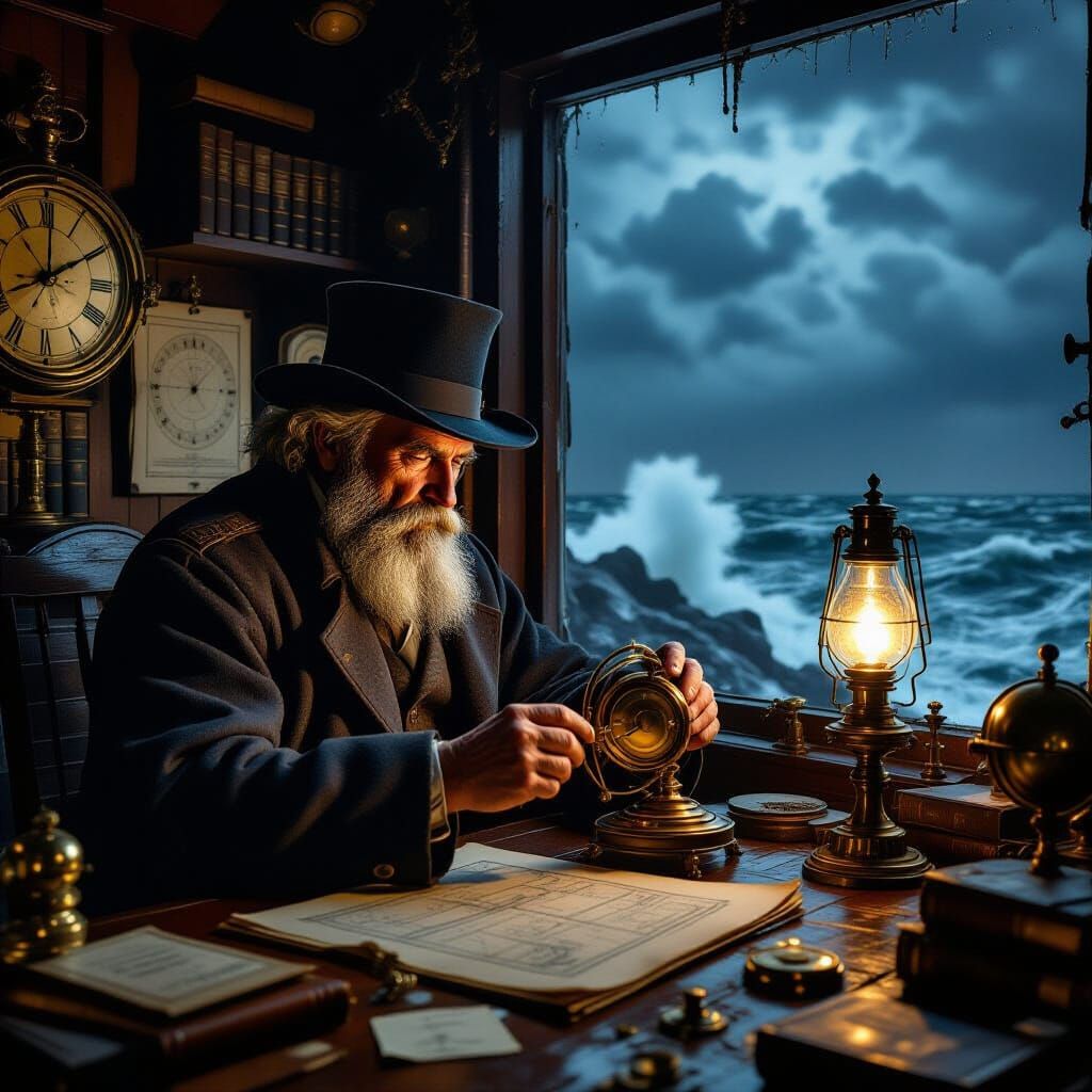 Lighthouse Keeper Polishes Brass Instruments Amidst Storm