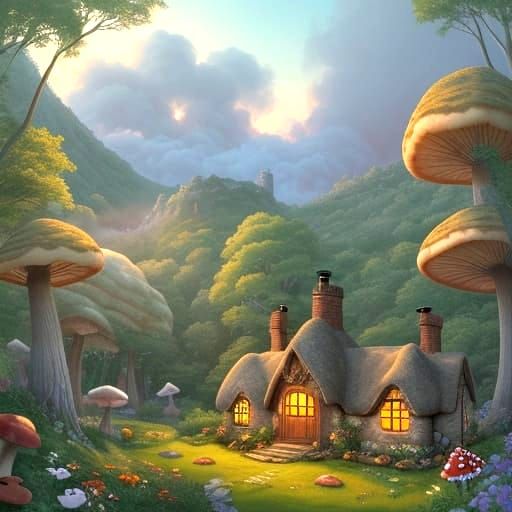 Cozy Mushroom Cottage in Whimsical Storybook Style