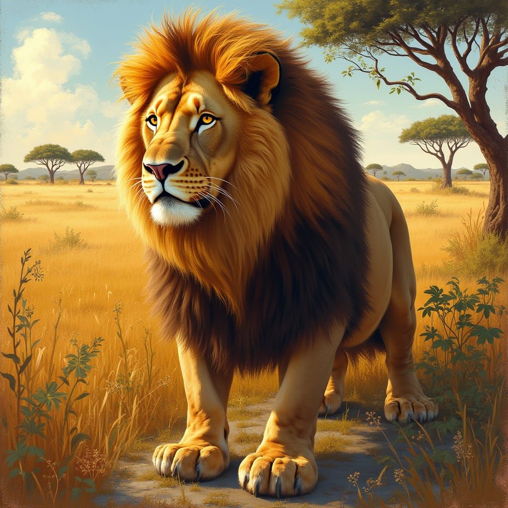 Majestic Lion in Vibrant Tropical Landscape