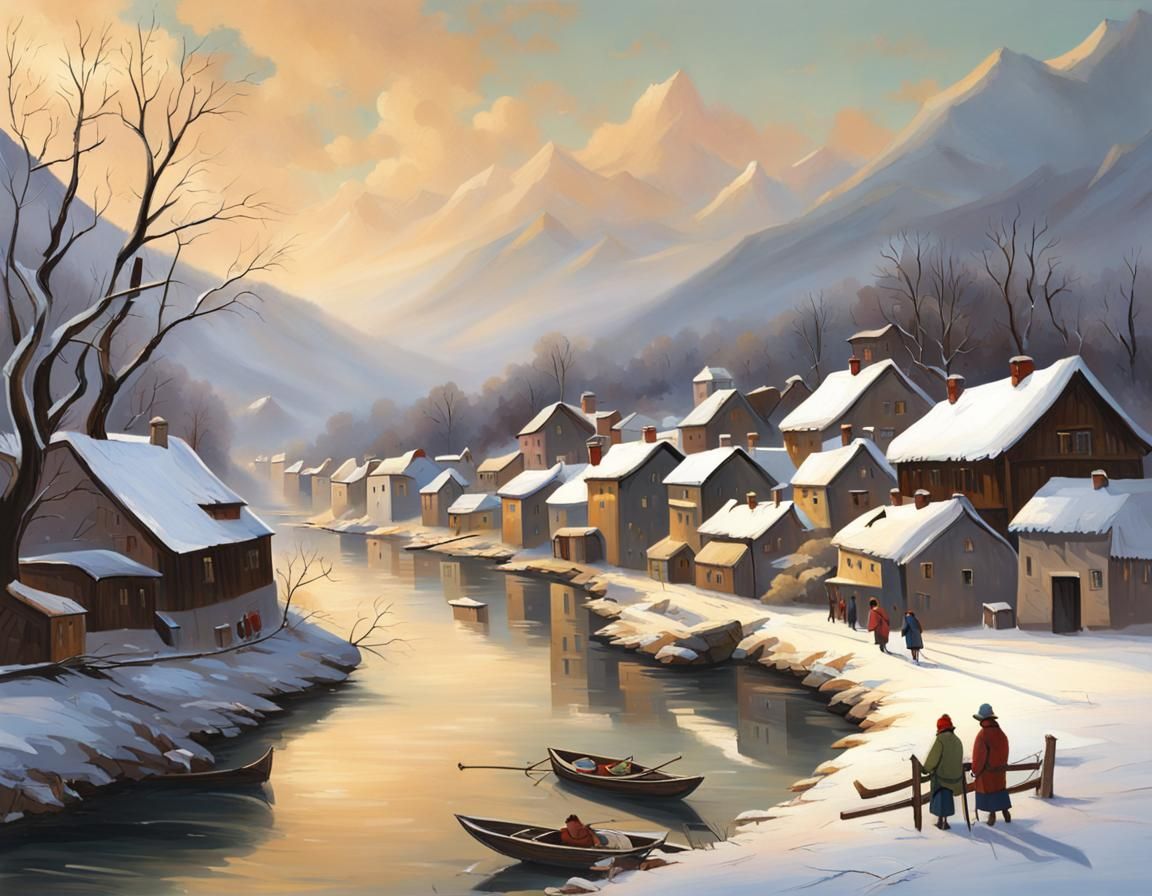 Winter Riverside Village Scene