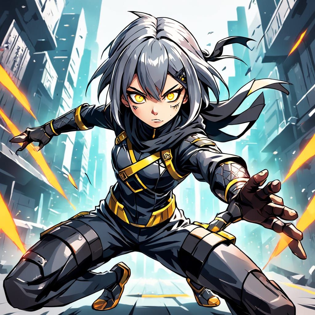 Agile Ninja with Webbed Fingers and Piercing Yellow Eyes