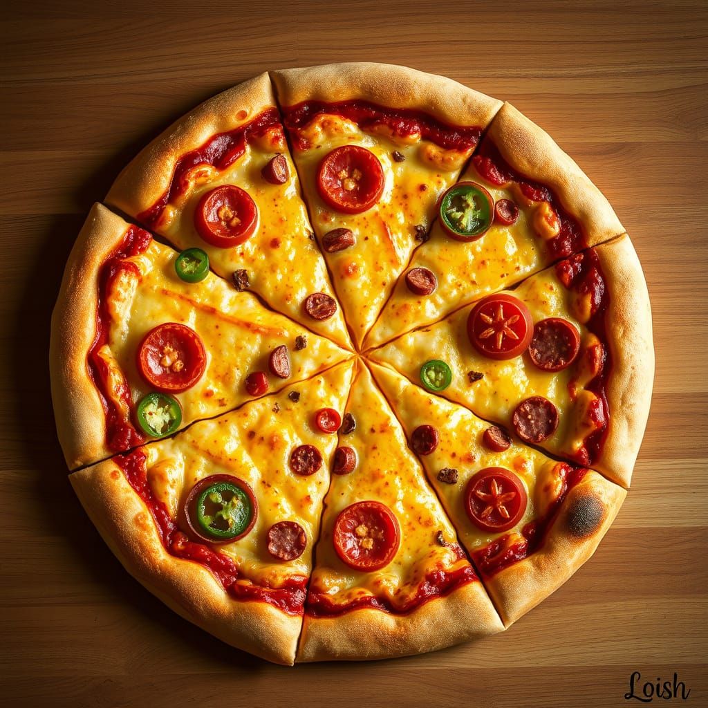 surreal pizza with bubling cheese, slices of peperonni, clum...