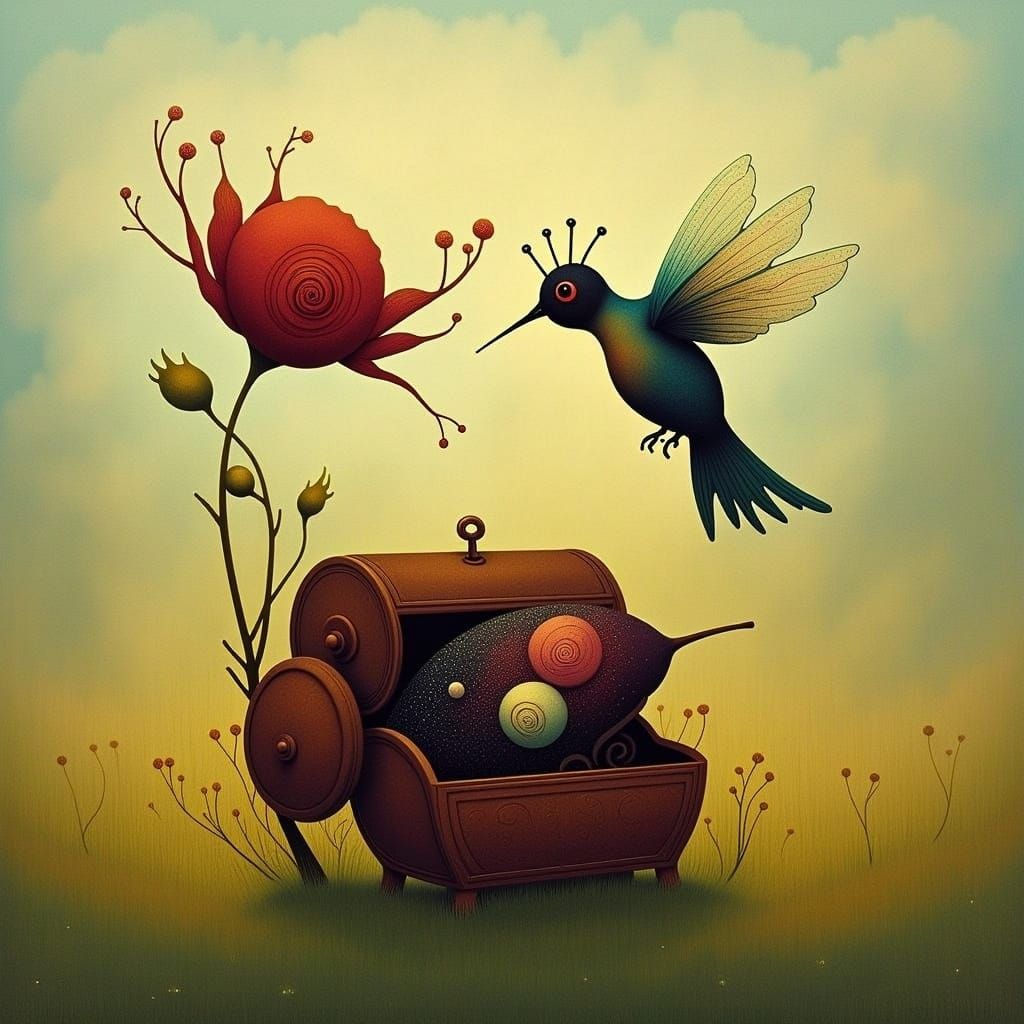 Mechanical Hummingbird Reveals Galaxy Treasure (Oil Painting...