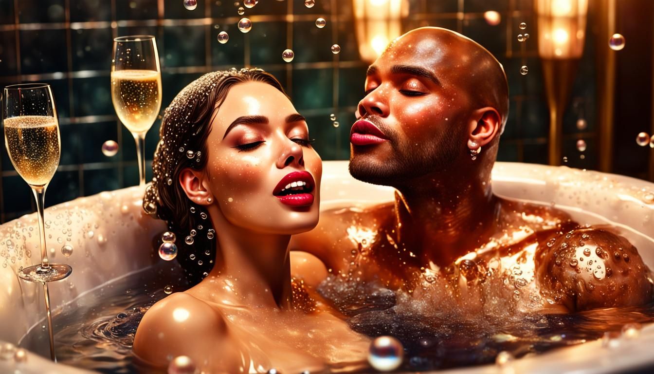 Hyperrealistic Champagne Bath Scene in Digital Art