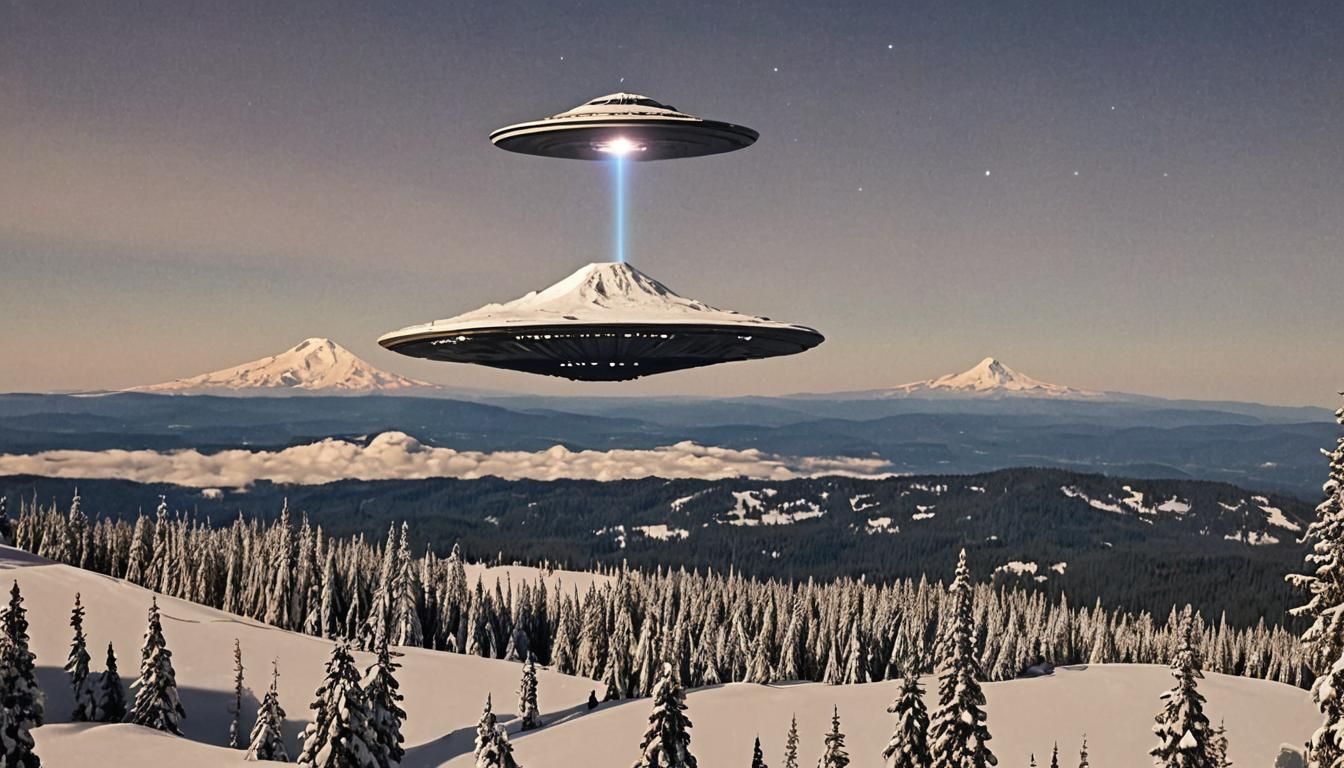 UFO SilverShip Over Mt. Hood: Photorealistic Concept Art