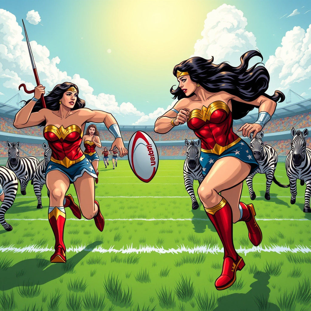 Wonder Women vs Zebras Rugby in Comic Book Style