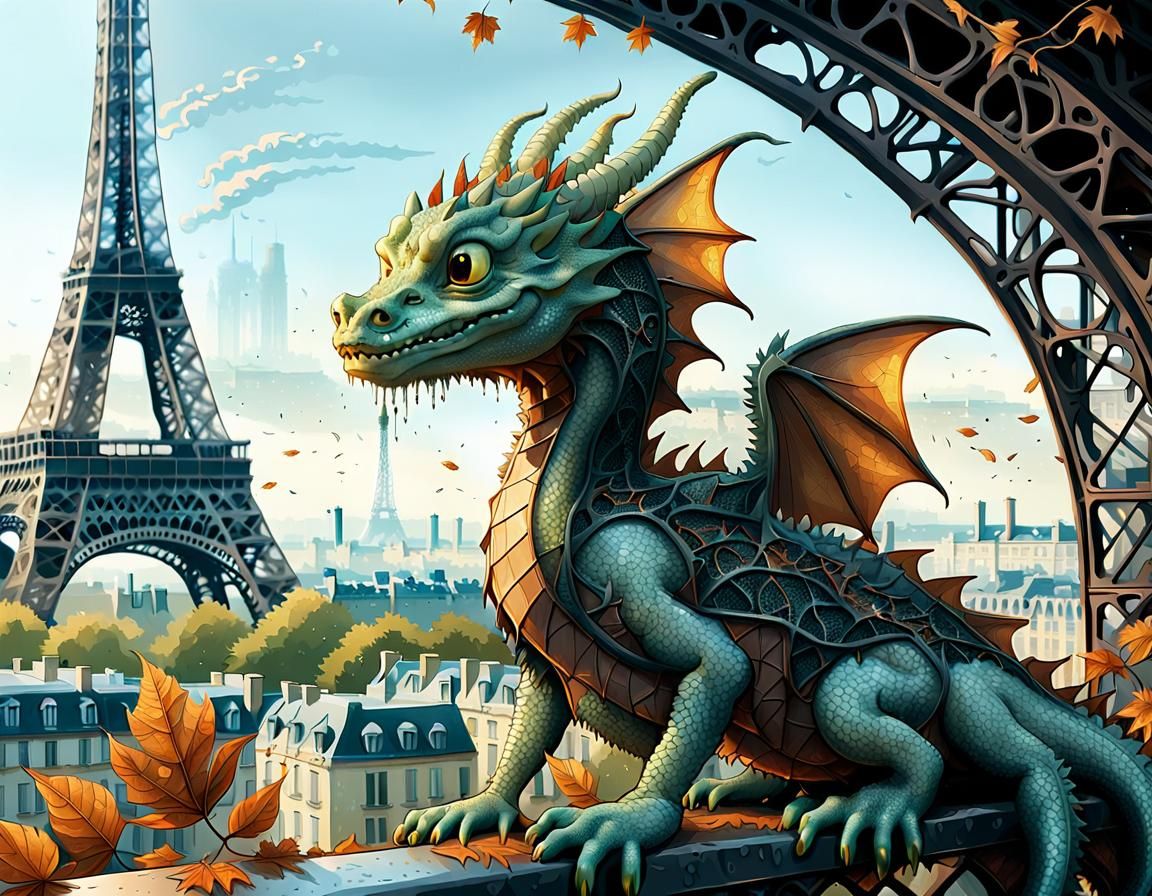 Baby Dragon Climbs Eiffel Tower: Hyperrealistic Illustration