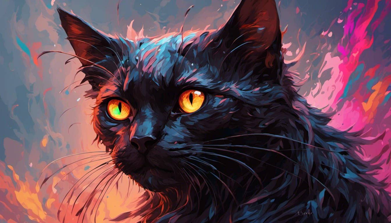 Hyperrealistic Black Cat Portrait in Splash Art Style
