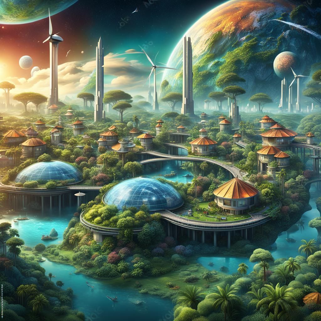 Ecological Space Village with Earth View, Detailed Painting