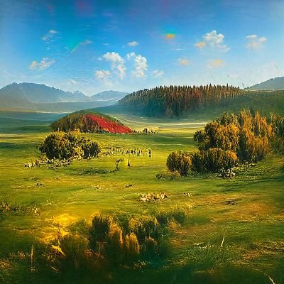 Lush Grassland with Mountains in Colorful Digital Illustrati...