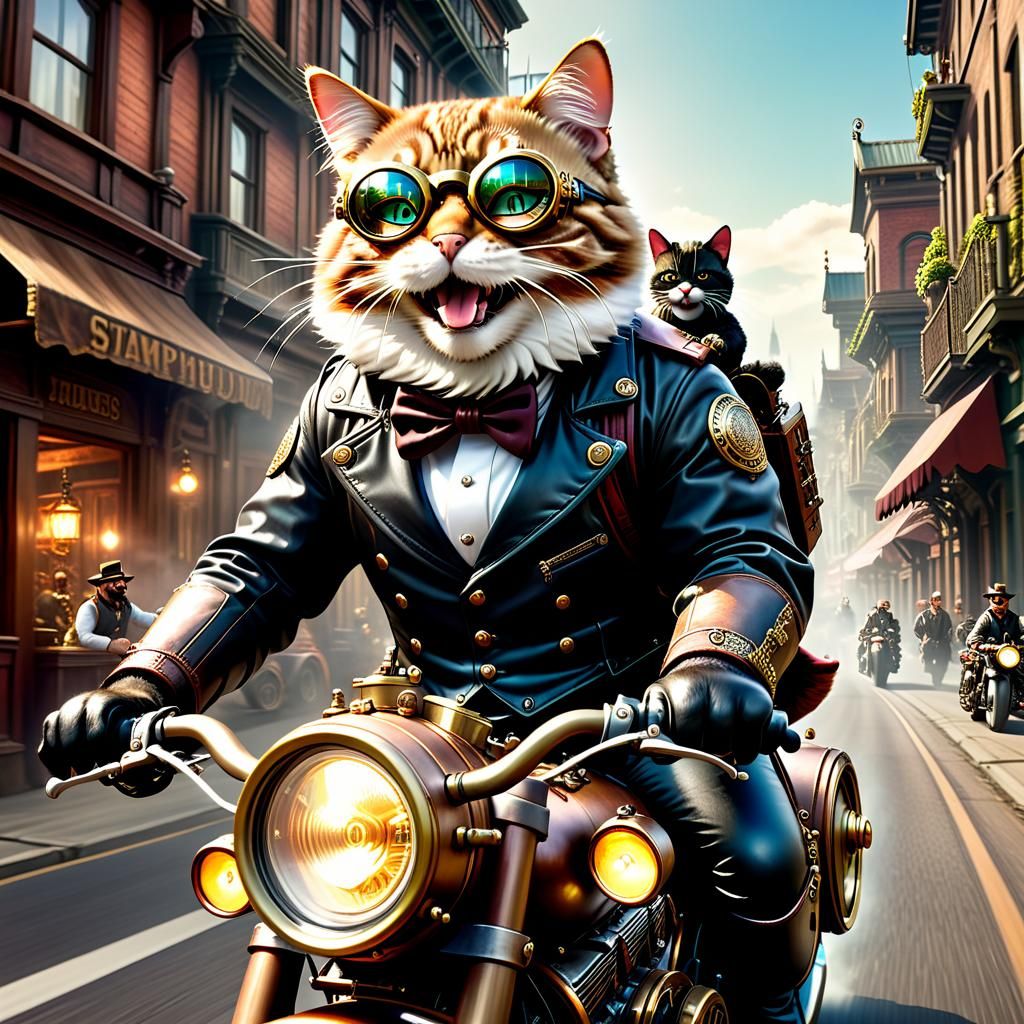 Steampunk Cat Humanoid Motorcycle Ride