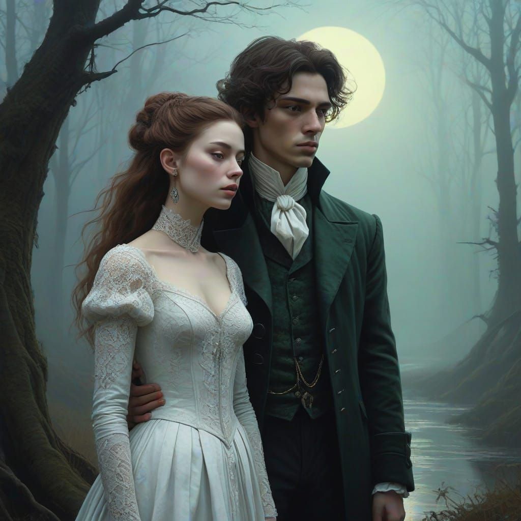 Ethereal Boy Vampire Stands Beside Lovely Girl Human in Moon...