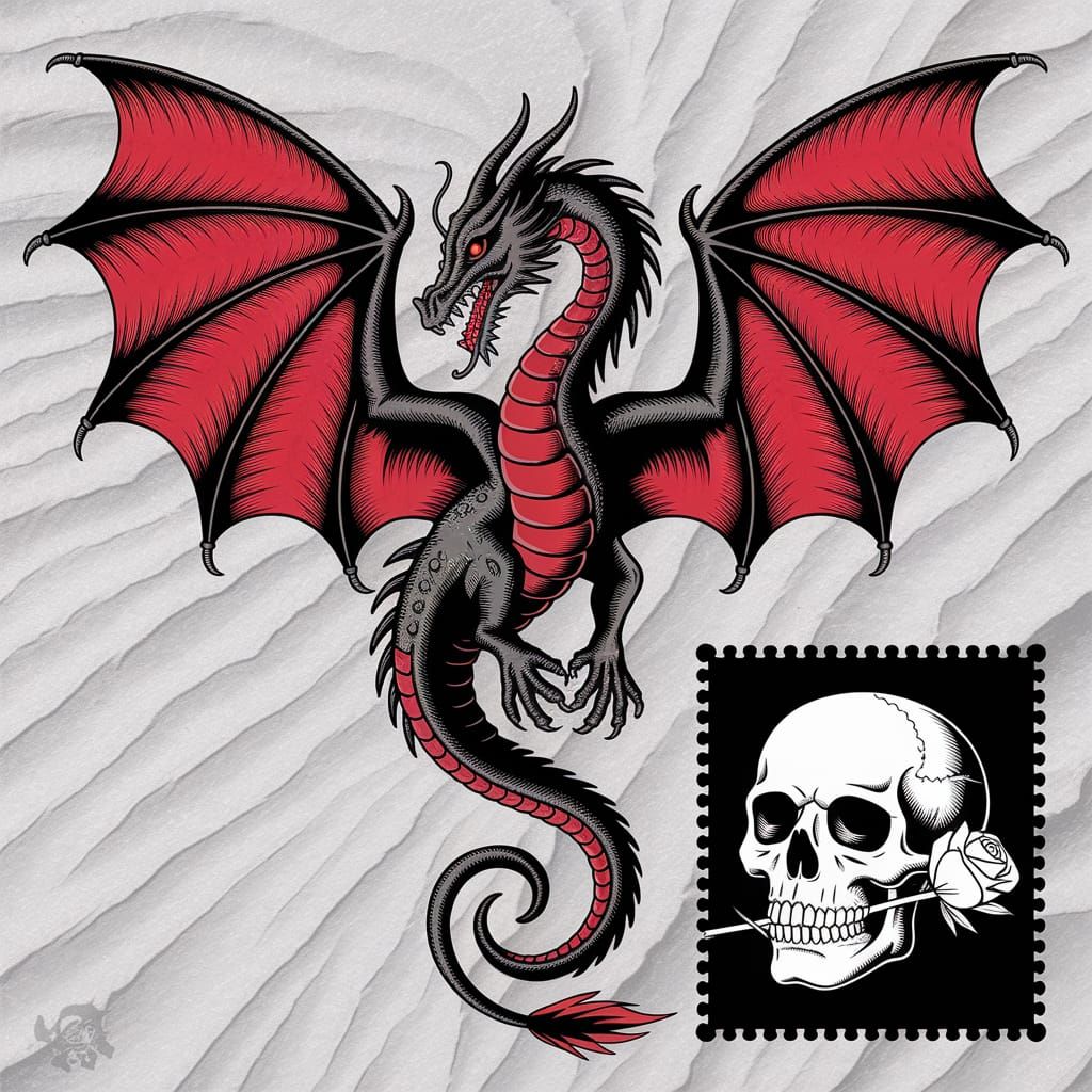 Dragon Embroidered on Rice Paper with Charcoal Ink and Skull...