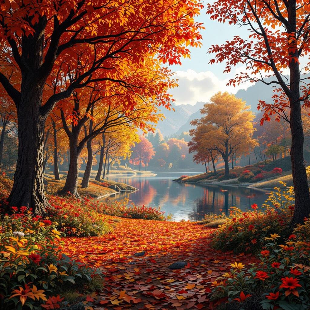 Vibrant Autumn Landscape with Flowers and Water