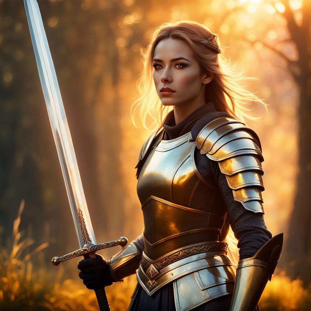 Fantasy Woman Knight in Golden Morning Light