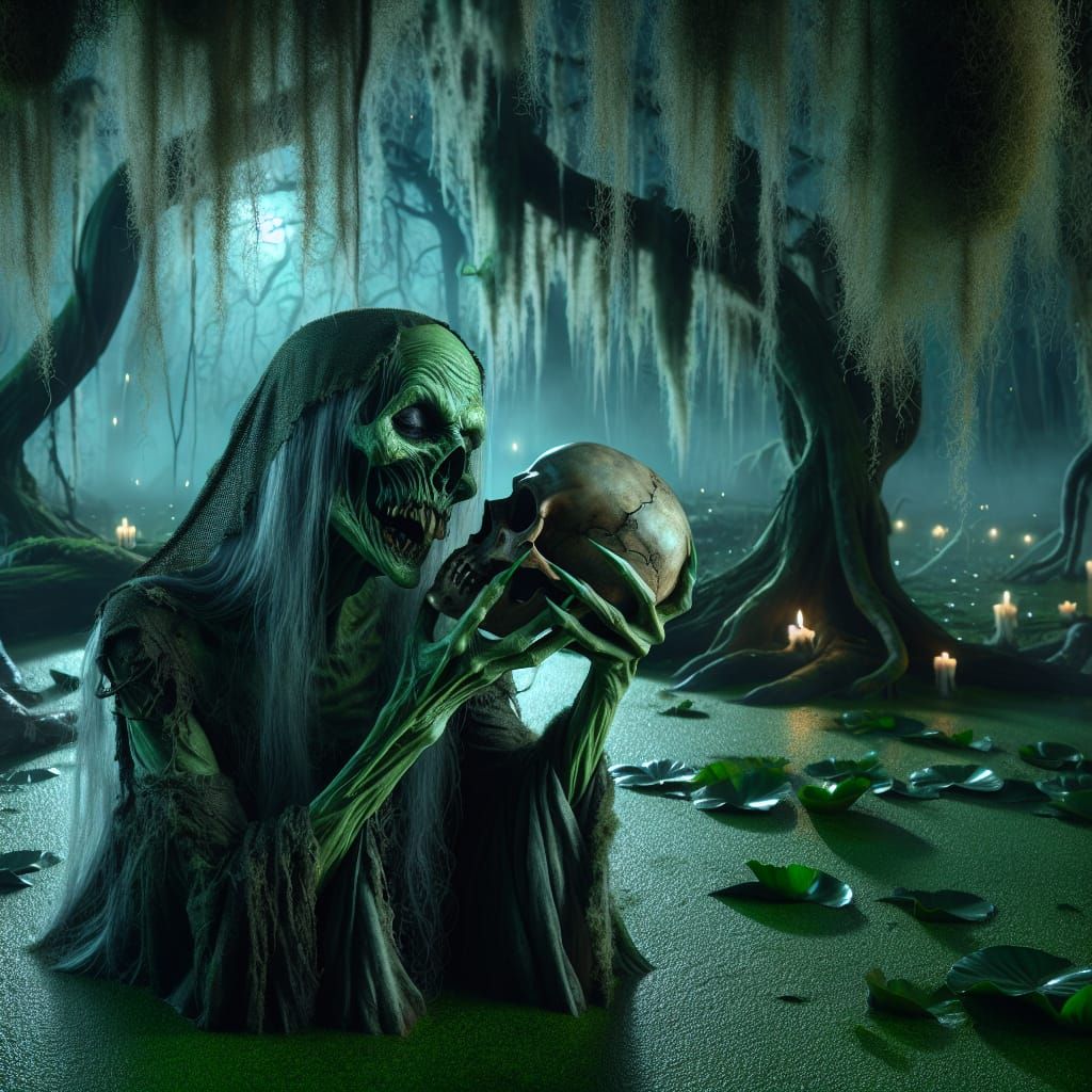 Mystical Swamp Hag Kisses Ancient Skull in Lavish Setting