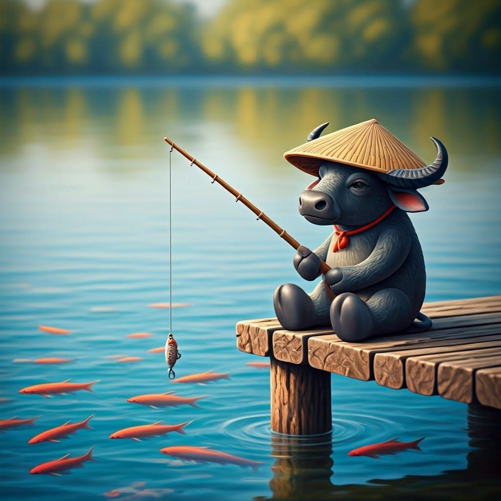 Water Buffalo Serenely Fishing in a Tranquil Lake Scene