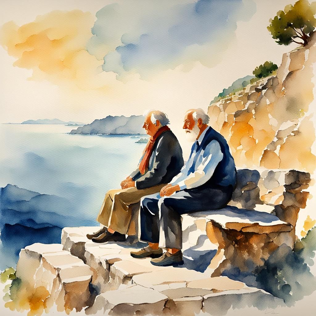 Aegean Serenity: Impressionistic Watercolor of Couple