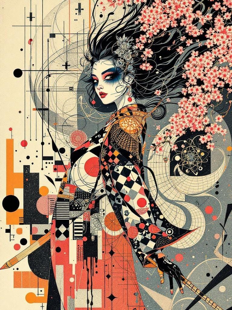 Ukiyo-e Pin-Up Fusion in Surreal Garden Scene