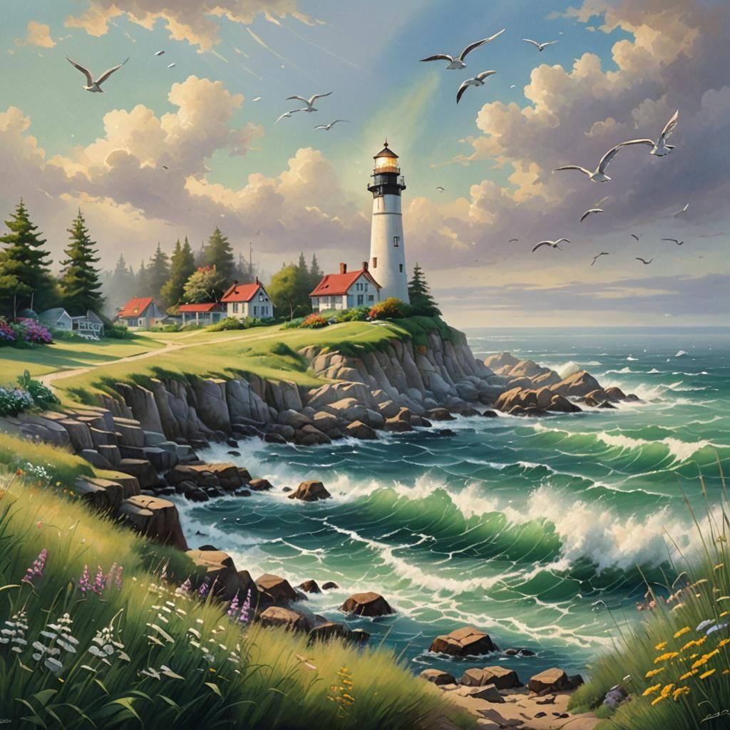 Picturesque Lighthouse Scene on Rocky Shore