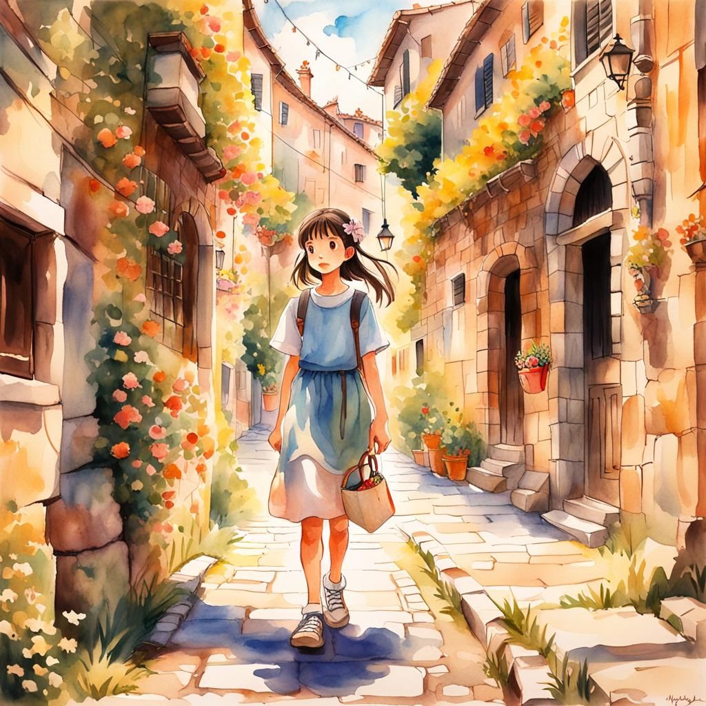 Watercolor Girl in Italian Streets, Ghibli Style