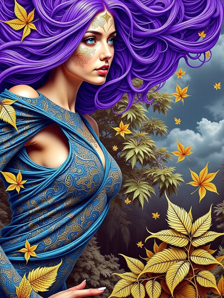 Autumn Goddess in Blue Dress with Purple Hair