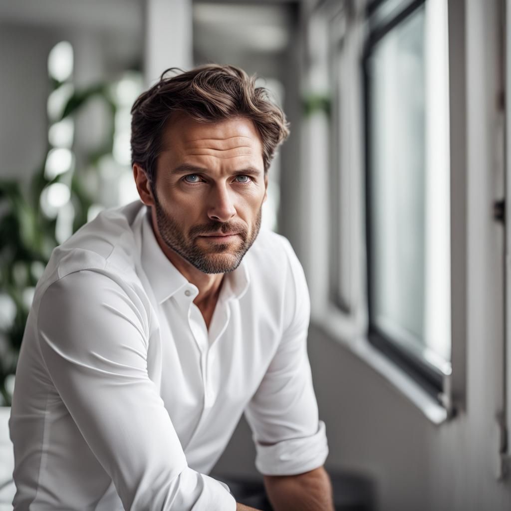 Dreamy Wink: Portrait of a Man with Green-Grey Eyes