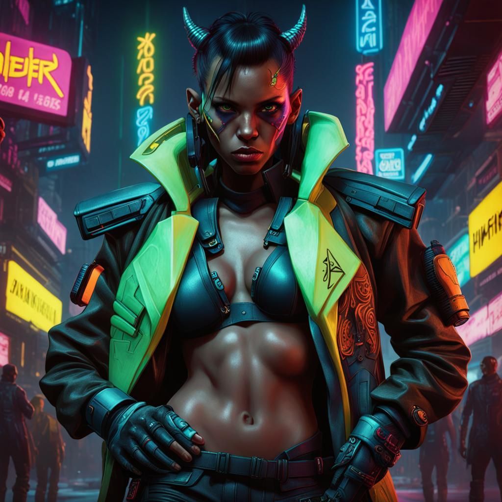 Cyberpunk Tiefling Gang Member in Neon City