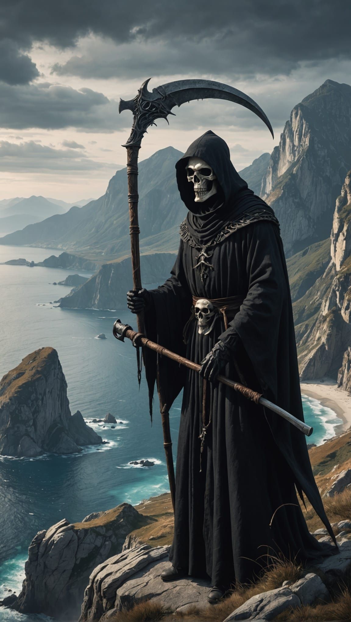 Grim Reaper Scythe Overlook of Mountains and Ocean