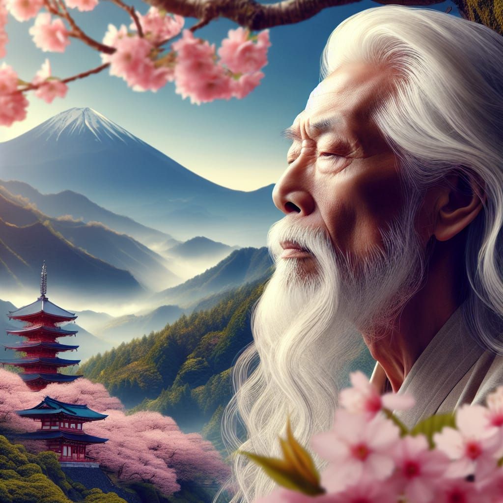 Senior Man with Cherry Blossom Beard in Japan