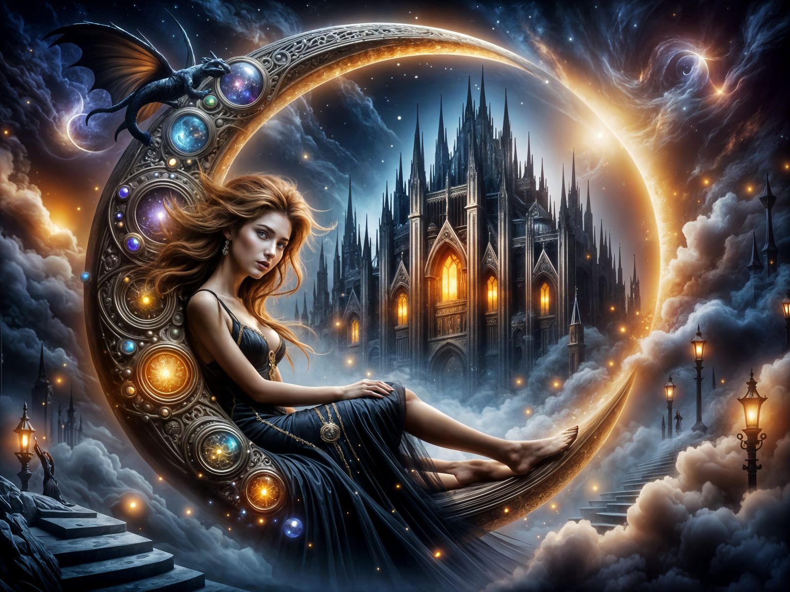 Gothic Goddess Amidst Steampunk Moonlight