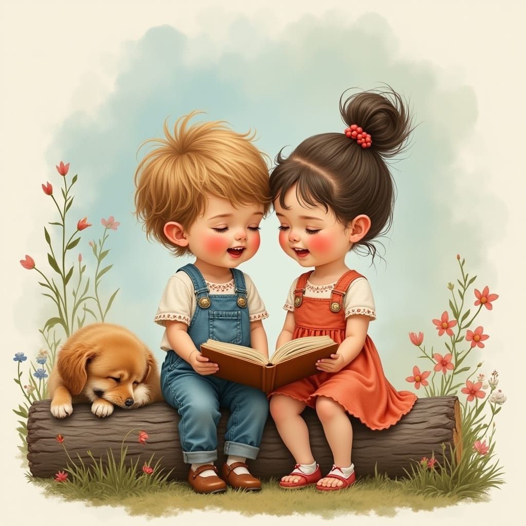 Children Reading in Watercolor Style