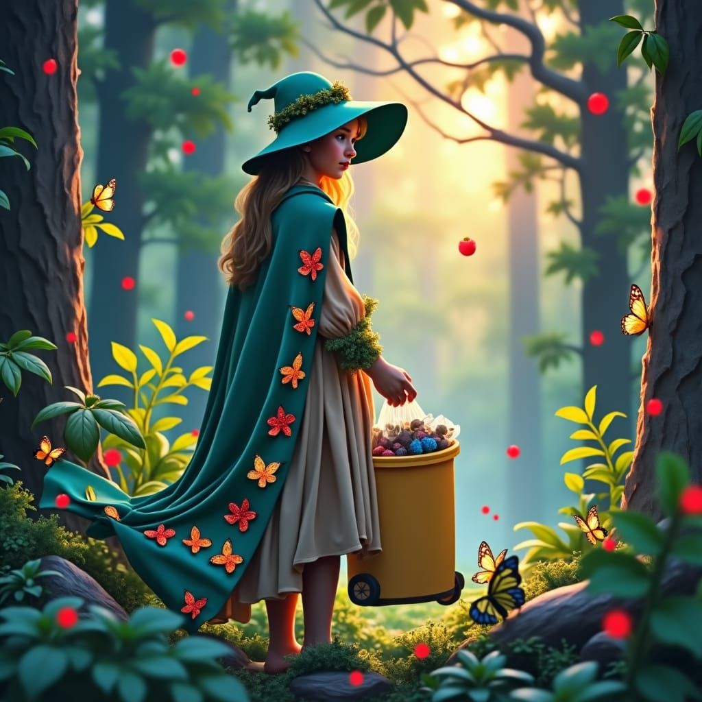 Girl Sorts Recycling in Glowing Forest