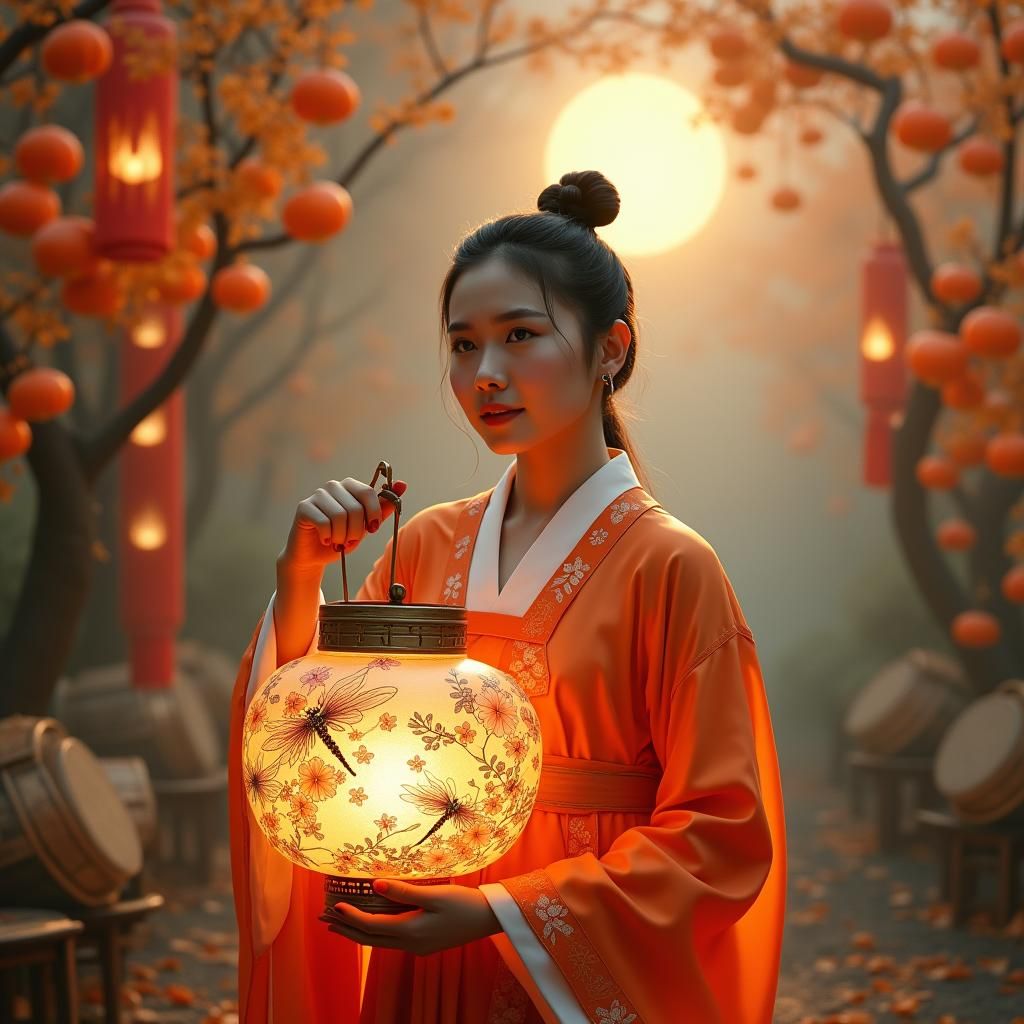 Woman with Lantern in Misty Garden: Photorealistic Style